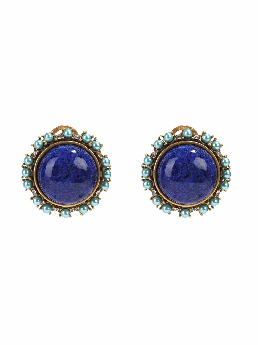 Gold-Tone Blue Lapis & Turquoise Pearled Stud Earrings 925s silver posts